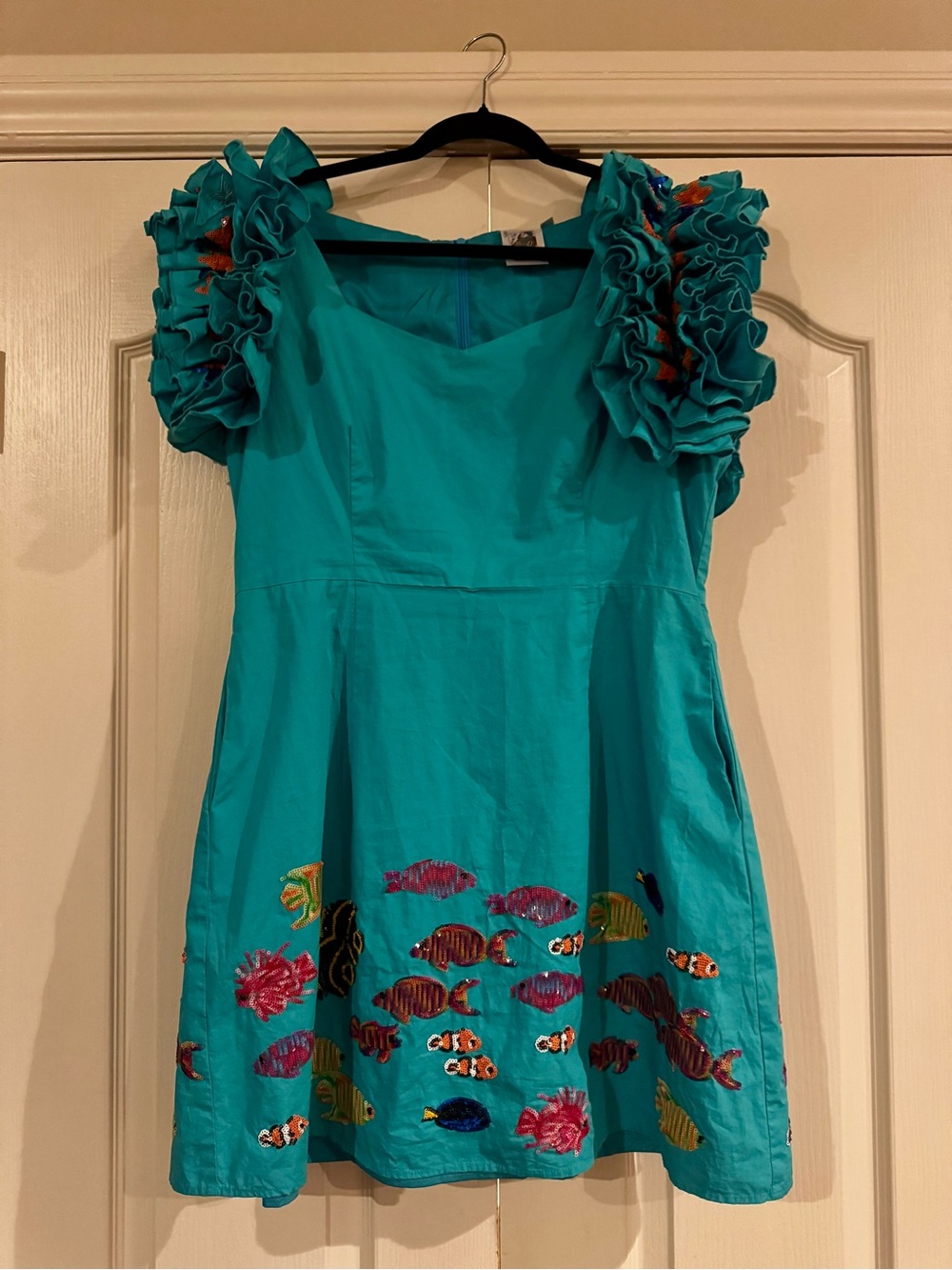 QUEEN OF SPARKLES Teal Midi Dress with Ruffled Sleeves & Embroidered Fish